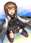 ^_^ absurdres anchor bike_shorts blush boots bow_(weapon) breasts brown_hair closed closed_eyes commentary_request crossbow donarudo eyebrows_visible_through_hair eyes facing_viewer grey_skirt headband highres holding holding_weapon kantai_collection kneeling long_sleeves machinery ocean on_water open_mouth shiny shiny_hair short_hair sitting skirt small_breasts smile solo taihou_(kantai_collection) teeth thigh_boots thighhighs torn_clothes torn_skirt wariza weapon 