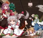  &gt;:) &gt;_&lt; animal_ears animal_print architecture barefoot black_skirt blonde_hair blue_eyes blue_skirt box brown_hat cleaning closed_eyes detached_sleeves duster east_asian_architecture frog_hair_ornament frog_print green_hair grey_hair hair_ornament hairband hat highres indoors inubashiri_momiji kochiya_sanae lamp leaf_hair_ornament leaf_print long_hair long_sleeves moriya_suwako multicolored multicolored_clothes multicolored_skirt multiple_girls newspaper pom_pom_(clothes) puffy_short_sleeves puffy_sleeves purple_eyes purple_hair purple_skirt purple_vest red_eyes red_hat red_shirt red_skirt rope ruu_(tksymkw) shirt short_hair short_sleeves sidelocks skirt slippers smile stuffed_animal stuffed_toy tail tassel thighhighs tokin_hat touhou translation_request v-shaped_eyebrows vest white_legwear wide_sleeves wolf_ears wolf_tail wooden_floor yasaka_kanako 