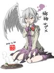  between_legs bow bowtie brooch character_name covered_mouth covering_mouth dated dress drooling feathered_wings food grey_jacket grey_wings half_updo hand_between_legs hand_over_own_mouth hotplate inuno_rakugaki jacket jewelry kishin_sagume long_sleeves orange_eyes purple_dress purple_legwear red_bow red_neckwear saliva short_hair silver_hair single_wing sitting solo steak steam touhou wariza white_background wings 