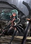  claws dragon dragon_girl fantasy green_hair head_wings highres md5_mismatch midriff navel original ryosios sword tail weapon 