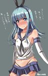  animal_ears ar_(lover_boy) black_panties blue_eyes blue_hair blush breasts bunny_ears collarbone cosplay embarrassed eyebrows_visible_through_hair grey_background hairband hatsukaze_(kantai_collection) highres kantai_collection long_hair midriff miniskirt navel nose_blush panties pleated_skirt shimakaze_(kantai_collection) shimakaze_(kantai_collection)_(cosplay) simple_background skindentation skirt small_breasts solo striped striped_legwear thong underwear wavy_mouth 