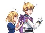  1boy 1girl ahoge belt blonde_hair blouse blush bow brother_and_sister chester_stoddart dressing_another elena_stoddart gloves heart kumakosion looking_at_another looking_back military military_uniform open_mouth profile purple_eyes scarf short_hair siblings smile surprised turtleneck tying uniform upper_body white_background ys ys_iii_wanderers_of_ys 