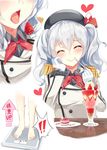  beret blush bow closed_eyes collared_shirt eating epaulettes food fork fork_in_mouth frilled_sleeves frills fruit gloves grey_shirt hand_on_own_cheek hat heart highres holding holding_fork ice_cream igakusei jacket kantai_collection kashima_(kantai_collection) long_hair long_sleeves looking_at_viewer multiple_views open_mouth parfait pocky scales shirt silver_hair simple_background smile strawberry sundae twintails wafer_stick weight_conscious white_gloves white_jacket 