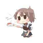  apron black_eyes brown_hair chibi food food_on_face full_body hakama_skirt holding holding_plate japanese_clothes jitome kaga_(kantai_collection) kantai_collection lowres muneate plate rebecca_(keinelove) rice rice_on_face side_ponytail simple_background solid_circle_eyes solo sushi white_background 