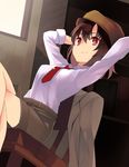  arms_behind_head book bookshelf breasts brown_hair brown_hat brown_jacket crossed_legs day hat highres indoors jacket jacket_removed leaning_back long_sleeves looking_at_viewer necktie nuqura red_eyes red_neckwear room shameimaru_aya shirt short_hair sitting sleeves_rolled_up small_breasts smile solo thighs tie_clip touhou white_shirt window 