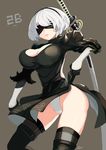  absurdres black_blindfold black_dress black_legwear blindfold breasts cleavage dress grey_background highres kion-kun large_breasts mole mole_under_mouth nier_(series) nier_automata panties parted_lips short_hair simple_background solo sword thighhighs underwear weapon white_hair white_panties yorha_no._2_type_b 