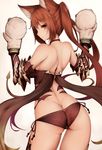  animal_ears armor ass back bare_shoulders bikini_armor butt_crack cerberus_(shingeki_no_bahamut) contrapposto dog_ears from_behind hand_puppet inaba_sunimi long_hair looking_back puppet red_armor red_eyes red_hair shingeki_no_bahamut simple_background solo standing twintails 