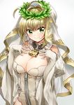  &gt;:) ahoge bangs bare_shoulders belt blonde_hair breast_suppress breasts chain cleavage closed_mouth detached_collar detached_sleeves elbow_gloves eyebrows_visible_through_hair fate/extra fate/extra_ccc fate_(series) flower gloves green_eyes head_wreath lock looking_at_viewer medium_breasts nero_claudius_(bride)_(fate) nero_claudius_(fate)_(all) padlock simple_background smile solo strapless upper_body v-shaped_eyebrows veil white_background white_gloves white_sleeves wide_sleeves yamabukiiro zipper 