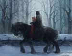  1girl aureolin31 bare_tree black_cloak blonde_hair blue_eyes braid coat commentary_request expressionless forest fur-trimmed_coat fur_trim highres horse horseback_riding looking_at_viewer multiple_riders nature original profile red_cloak red_hood riding road signature snow snowing stone_wall tree twin_braids wall winter 