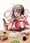  ahoge black_hair blue_eyes blush bowl breast_grab breasts chives chopsticks commentary_request consensual_tentacles cover_image eating edamame_(food) feeding food fried_chicken grabbing highres long_hair no_bra off_shoulder open_mouth original rice_bowl solo soy_sauce table tentacles tentacles_under_clothes tofu yana_(nekoarashi) 