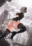  1girl android ass black_dress black_legwear blindfold boots dress hairband high_heel_boots high_heels meager nier_(series) nier_automata panties shiny shiny_clothes shiny_hair shiny_skin short_hair solo sword thigh_boots underwear upskirt weapon white_hair yorha_unit_no._2_type_b 