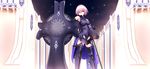  armor armored_boots bare_shoulders belt boots clenched_teeth cowter fantasy fate/grand_order fate_(series) fortress gauntlets highres lavender_hair looking_at_viewer mash_kyrielight night purple_eyes sheath sheathed shield short_hair solo standing sukage sword teeth weapon 