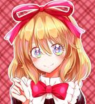  argyle argyle_background blonde_hair bow bowtie closed_mouth collar frilled_collar frills hair_between_eyes hair_ribbon highres looking_at_viewer medicine_melancholy multicolored multicolored_eyes portrait rainbow_eyes red_background red_bow red_neckwear red_ribbon ribbon rie-co short_hair smile solo sparkling_eyes touhou 