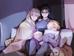  black_hair blanket blonde_hair blue-framed_eyewear blue_eyes blurry boy_sandwich brown_eyes dog food glasses green_eyes grey_hair hair_over_one_eye hand_on_another's_shoulder highres indoors katsuki_yuuri makkachin male_focus multiple_boys pillow pillow_hug pinkiepies2 popcorn sandwiched semi-rimless_eyewear sitting sleeves_past_wrists striped vertical_stripes viktor_nikiforov watching_television yuri!!!_on_ice yuri_plisetsky 