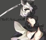  absurdres ass back back_cutout black_dress blindfold covered_eyes covered_nipples dress dress_lift feather-trimmed_sleeves gloves highres juliet_sleeves katana kikistark leotard long_sleeves looking_back nier_(series) nier_automata parted_lips puffy_sleeves short_hair solo sword vambraces weapon white_hair white_leotard wind wind_lift yorha_no._2_type_b 
