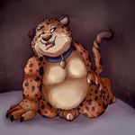  2016 anthro balls benjamin_clawhauser cheetah claws collar cum cum_in_mouth cum_inside cum_on_face digital_media_(artwork) disney feline fur hi_res humanoid_penis male mammal nude open_mouth orange_fur overweight penis polarpandemonium simple_background solo spots spotted_fur tongue tongue_out zootopia 