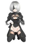 :p absurdres black_dress black_footwear black_legwear blindfold boots breasts cleavage cleavage_cutout dress dress_lift full_body gapushi_sawa gloves highres kneeling large_breasts leotard leotard_under_clothes licking_lips lifted_by_self mole mole_under_mouth naughty_face nier_(series) nier_automata short_hair silver_hair smile solo thigh_boots thighhighs tongue tongue_out white_hair white_leotard yorha_no._2_type_b 