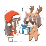  2girls akagi_(kantai_collection) animal_costume black_eyes brown_hair chibi flying_sweatdrops gift holding holding_gift jitome kaga_(kantai_collection) kantai_collection long_hair lowres multiple_girls rebecca_(keinelove) reindeer_costume santa_costume side_ponytail solid_circle_eyes straight_hair 