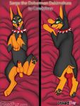  2016 animal_genitalia animal_penis balls bed black_fur brown_fur candyfoxy canine canine_penis collar dakimakura_design digital_media_(artwork) doberman dog english_text erection feral fur green_eyes hi_res knot looking_at_viewer lying mammal on_back on_front open_mouth pawpads paws penis penis_tip presenting presenting_penis red_penis sheath smile solo spiked_collar spikes spread_legs spreading text tongue tongue_out watermark 