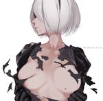 black_dress black_gloves blindfold breasts collarbone dress gloves lips looking_to_the_side medium_breasts mole mole_on_breast mole_under_mouth nier_(series) nier_automata peeled_apple profile short_hair silver_hair simple_background solo tearing_clothes torn_clothes upper_body white_background yorha_no._2_type_b 