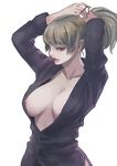 adjusting_hair areola_slip areolae blonde_hair breasts breasts_apart collarbone large_breasts lipstick makeup nipple_slip nipples open_clothes open_shirt original ponytail red_eyes shirt simple_background solo tying_hair virgosdf white_background 