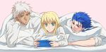  2boys ahoge alternate_costume archer artoria_pendragon_(all) blanket commentary_request fate/stay_night fate_(series) handheld_game_console lancer multiple_boys ooka_(rkyu) pajamas pillow pillow_support pink_background playing_games playstation_portable saber shared_blanket under_covers 
