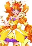  :d absurdres amanogawa_kirara bad_id bad_pixiv_id bow brooch choker cowboy_shot cure_twinkle earrings gloves go!_princess_precure highres jewelry long_hair looking_at_viewer low-tied_long_hair magical_girl multicolored_hair open_mouth orange_hair precure purple_bow purple_eyes quad_tails red_hair sharumon skirt smile solo star star_earrings streaked_hair thighhighs twintails two-tone_hair v white_background white_gloves yellow_bow yellow_skirt 