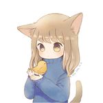  2016 animal animal_ears artist_name ayu_(mog) bird blush brown_eyes brown_hair cat_ears cat_tail chick child chinese_zodiac dated holding holding_animal long_hair new_year original sweater tail white_background year_of_the_rooster 