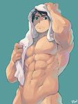  8_(yamalu) abs adonis_belt aqua_background armpits biceps black_hair blue_background blue_eyes commentary_request cowboy_shot free! groin holding holding_towel male_focus muscle navel pectorals shirtless simple_background towel towel_on_head yamazaki_sousuke 