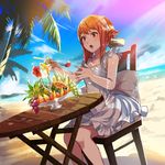  beach blush day dress fire_emblem fire_emblem_if flower food fork fruit headband hibiscus highres kozaki_yuusuke official_art open_mouth outdoors palm_tree pink_hair red_eyes red_hair sakura_(fire_emblem_if) short_dress sitting solo tree water white_dress 