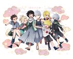  6+boys ankle_wrap black_hair blonde_hair brown_hair hakama hatake_kakashi japanese_clothes multiple_boys namikaze_minato naruto naruto_(series) naruto_shippuuden no_socks open_toe_shoes sandals sarutobi_hiruzen scarf senju_hashirama senju_tobirama sewenan shoes silver_hair smile spiked_hair time_paradox tongue tongue_out tsunade uzumaki_naruto whisker_markings younger 