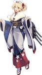  american_flag blonde_hair blue_eyes blue_nails flag_print flower full_body furisode headgear iowa_(kantai_collection) japanese_clothes kantai_collection kimono long_hair multicolored multicolored_nails nail_polish official_art open_mouth red_nails rose sandals shizuma_yoshinori smile solo standing star star-shaped_pupils symbol-shaped_pupils tabi transparent_background turret 