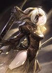  black_dress blindfold breasts chain cleavage cowboy_shot dress ecien from_side highres katana medium_breasts nier_(series) nier_automata panties parted_lips profile puffy_sleeves side_slit silver_hair solo sword underwear weapon yorha_no._2_type_b 