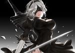  absurdres black_dress blindfold breasts cleavage cleavage_cutout dress gloves gradient gradient_background hairband highres holding holding_sword holding_weapon juliet_sleeves large_breasts leotard long_sleeves mao_ai_te_x_(feel-er) mole mole_under_mouth nier_(series) nier_automata puffy_sleeves short_hair silver_hair simple_background solo sword upper_body weapon weapon_on_back white_leotard yorha_no._2_type_b 