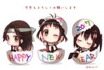  3girls antenna_hair artist_name black_gloves black_legwear black_neckwear blush brown_eyes brown_hair chibi closed_eyes commentary_request double-breasted egg elbow_gloves forehead_protector gloves hair_bun hair_ornament hair_scrunchie hairpin happy_new_year hatching jintsuu_(kantai_collection) kantai_collection kneehighs koruri kotoyoro long_hair looking_at_viewer lying multiple_girls naka_(kantai_collection) necktie new_year on_back one_eye_closed open_mouth puffy_short_sleeves puffy_sleeves sailor_collar scrunchie sendai_(kantai_collection) short_hair short_sleeves short_twintails simple_background skirt sleeping tareme tassel translated twintails twitter_username white_background white_skirt 