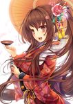 :d alternate_costume bangs bloom blush brown_eyes brown_hair cherry_blossoms commentary_request cup eyebrows_visible_through_hair floral_print flower from_side goushou hair_flower hair_ornament hair_stick happy_new_year japanese_clothes kantai_collection kimono long_hair looking_at_viewer looking_to_the_side new_year obi open_mouth oriental_umbrella ponytail sakazuki sash sidelocks smile solo umbrella upper_body very_long_hair yamato_(kantai_collection) 