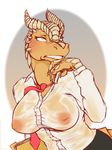  2016 anthro big_breasts breasts claws clothed clothing embarrassed female hi_res kheltari miss_dunam necktie nipples orange_eyes orange_skin reptile scales scalie shirt solo teeth wet_clothing wet_shirt yellow_scales 