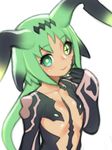  antennae black_hair black_sclera blurry carapace center_opening dark_skin facial_tattoo folks_(nabokof) gloves green_eyes green_hair mismatched_sclera moana_(tales) monster_girl multicolored_hair simple_background solo tales_of_(series) tales_of_berseria tattoo two-tone_hair upper_body white_background 