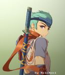  artist_name blue_eyes forehead_protector genji_(overwatch) gradient gradient_background green_hair katana looking_at_viewer looking_back male_focus overwatch parted_lips qingchen_(694757286) red_scarf scabbard scarf sheath sheathed shirt short_sleeves smile solo spiked_hair sword upper_body vambraces weapon weapon_on_back young_genji younger 