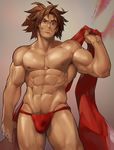  8_(yamalu) adonis_belt blazblue brown_eyes brown_hair cowboy_shot fundoshi grey_background highres japanese_clothes male_focus male_pubic_hair muscle nipples pectorals ponytail pubic_hair scar scarf shishigami_bang simple_background solo 