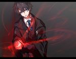  against_wall bangs black_hair blood bloody_clothes blue_eyes blue_neckwear chocoan cloak coat collared_shirt command_spell crest dress_shirt fate/grand_order fate_(series) fujimaru_ritsuka_(male) glowing hair_between_eyes holding_arm hood hooded_cloak letterboxed male_focus necktie shirt solo striped striped_neckwear sweater white_shirt 