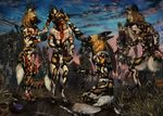  2016 4_toes 5_fingers african_wild_dog anthro black_fur black_nose blue_eyes bodypaint brown_eyes canine day digitigrade fur group kneeling male mammal nude open_mouth outside sky standing tan_fur tatchit teeth toes white_fur 