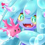  aije blush bubble close-up commentary_request corsola eye_contact gen_2_pokemon gen_7_pokemon happy heart holding looking_at_another mareanie no_humans open_mouth pokemon pokemon_(creature) sharp_teeth sparkling_eyes spikes teeth underwater water 