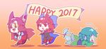  3girls :3 :d ahoge animal_ears black_blouse blouse blue_bow blue_hair bow brooch brown_hair cape chibi commentary_request dragging dress drill_hair fangs flag flying_sweatdrops frilled_sleeves frills grass_root_youkai_network green_kimono guuchama hair_bow happy_new_year head_fins high_collar highres holding holding_flag imaizumi_kagerou japanese_clothes jewelry jitome kimono long_hair long_sleeves mermaid monster_girl multiple_girls new_year no_nose open_mouth outstretched_arms paws red_cape red_eyes red_hair red_skirt ribbon-trimmed_shirt ribbon-trimmed_sleeves ribbon_trim rope running sash sekibanki short_hair skirt slit_pupils smile tearing_up touhou very_long_hair wakasagihime wide_sleeves wolf_ears yellow_sclera 