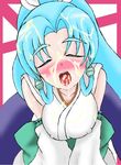  1girl aqua_hair banpresto bare_shoulders blue_hair blush breasts cleavage cum cum_in_mouth cum_on_breasts cum_on_clothes cum_on_tongue erect_nipples eyes_closed glacies japanese_clothes kimono long_hair open_mouth ponytail shoulders super_robot_wars super_robot_wars_destiny super_robot_wars_original_generation very_long_hair 