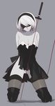  bare_shoulders black_dress black_footwear black_legwear blindfold boots breasts collarbone dress full_body kneeling large_breasts nier_(series) nier_automata short_hair silver_hair solo sword thigh_boots thighhighs torn_clothes vic weapon white_background yorha_no._2_type_b 