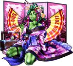 2017 bare_shoulders breasts chiba_toshirou cleavage full_body green_eyes green_hair green_skin holding holding_pipe japanese_clothes kimono kiseru large_breasts long_hair looking_at_viewer marvel pipe seiza she-hulk sitting smile solo tabako-bon thick_thighs thighs yuujo 