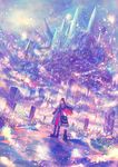  bag black_cat black_eyes black_hair boots capelet cat city colorful dutch_angle fantasy flower highres light_particles long_hair looking_at_viewer original road robe sakimori_(hououbds) satchel scenery smile solo tower waving wind 