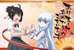  akeome aoki_hagane_no_arpeggio black_hair black_skirt blue_hair brown_eyes crossover exis folded_ponytail gauntlets green_eyes hair_ribbon happy_new_year highres iona kimi_no_na_wa long_hair looking_at_viewer miyamizu_mitsuha multiple_girls new_year pleated_skirt red_ribbon ribbon school_uniform skirt 