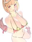  bikini blonde_hair bob_cut breasts brown_gloves cleavage collarbone earrings gloves goggles goggles_on_head goshiki_suzu hand_up highres jewelry large_breasts looking_at_viewer micro_bikini navel original red_eyes short_hair simple_background sketch smile solo swimsuit white_background yellow_bikini 
